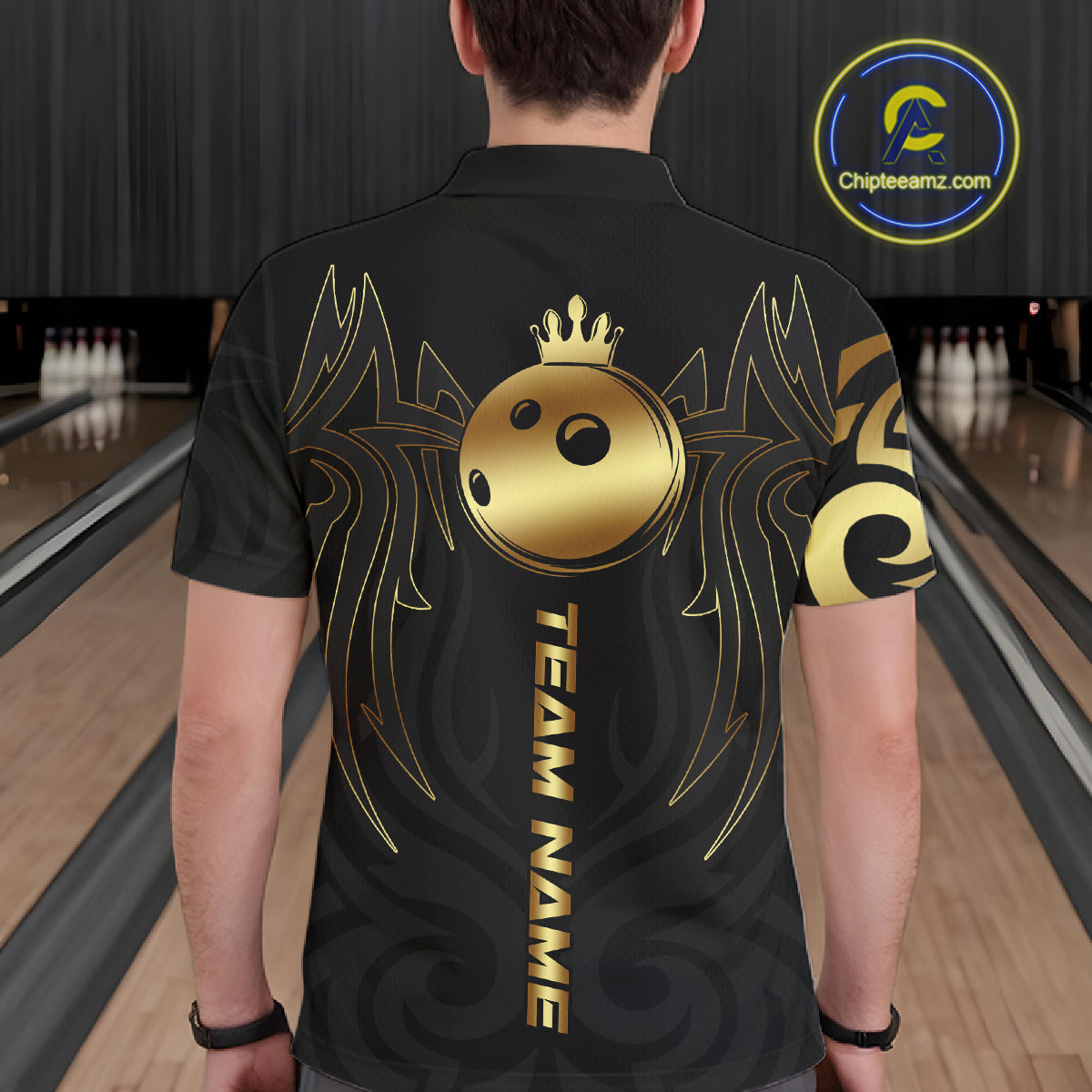 Black and Gold crown Bowling ball Polo, Quarter Zip Shirts for Men Custom Bowling Team jerseys NQS10499