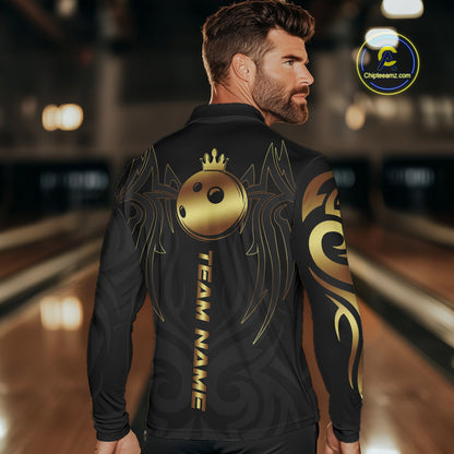 Black and Gold crown Bowling ball Polo, Quarter Zip Shirts for Men Custom Bowling Team jerseys NQS10499