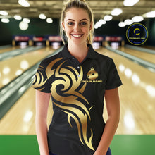 Load image into Gallery viewer, Black and Gold crown Bowling ball Polo, Quarter Zip Shirts for Women Custom Bowling Team jerseys NQS10499