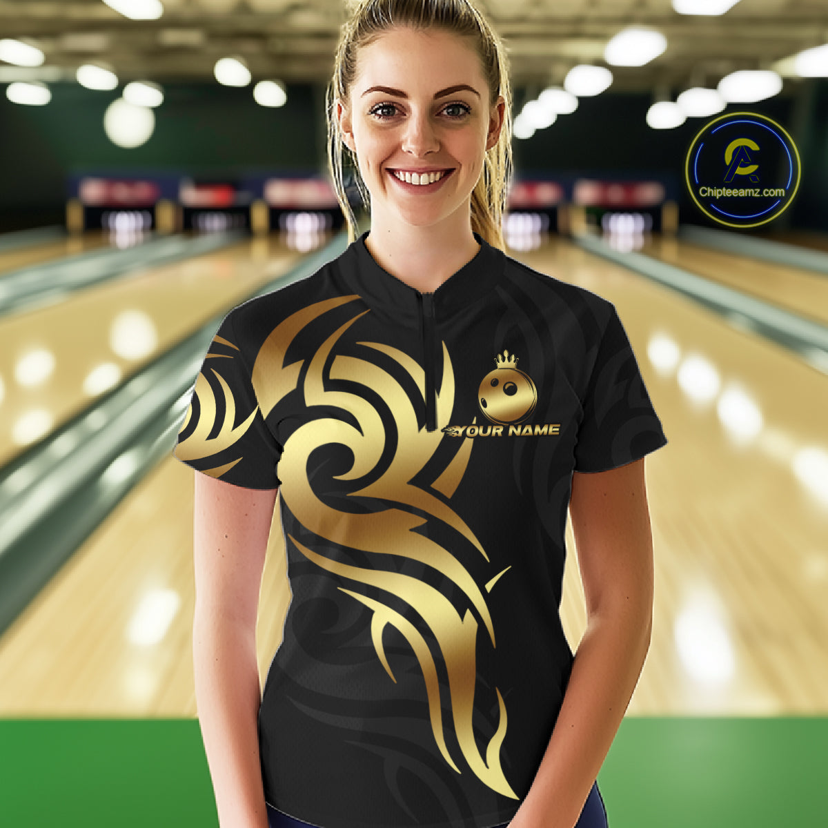Black and Gold crown Bowling ball Polo, Quarter Zip Shirts for Women Custom Bowling Team jerseys NQS10499