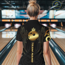 Load image into Gallery viewer, Black and Gold crown Bowling ball Polo, Quarter Zip Shirts for Women Custom Bowling Team jerseys NQS10499