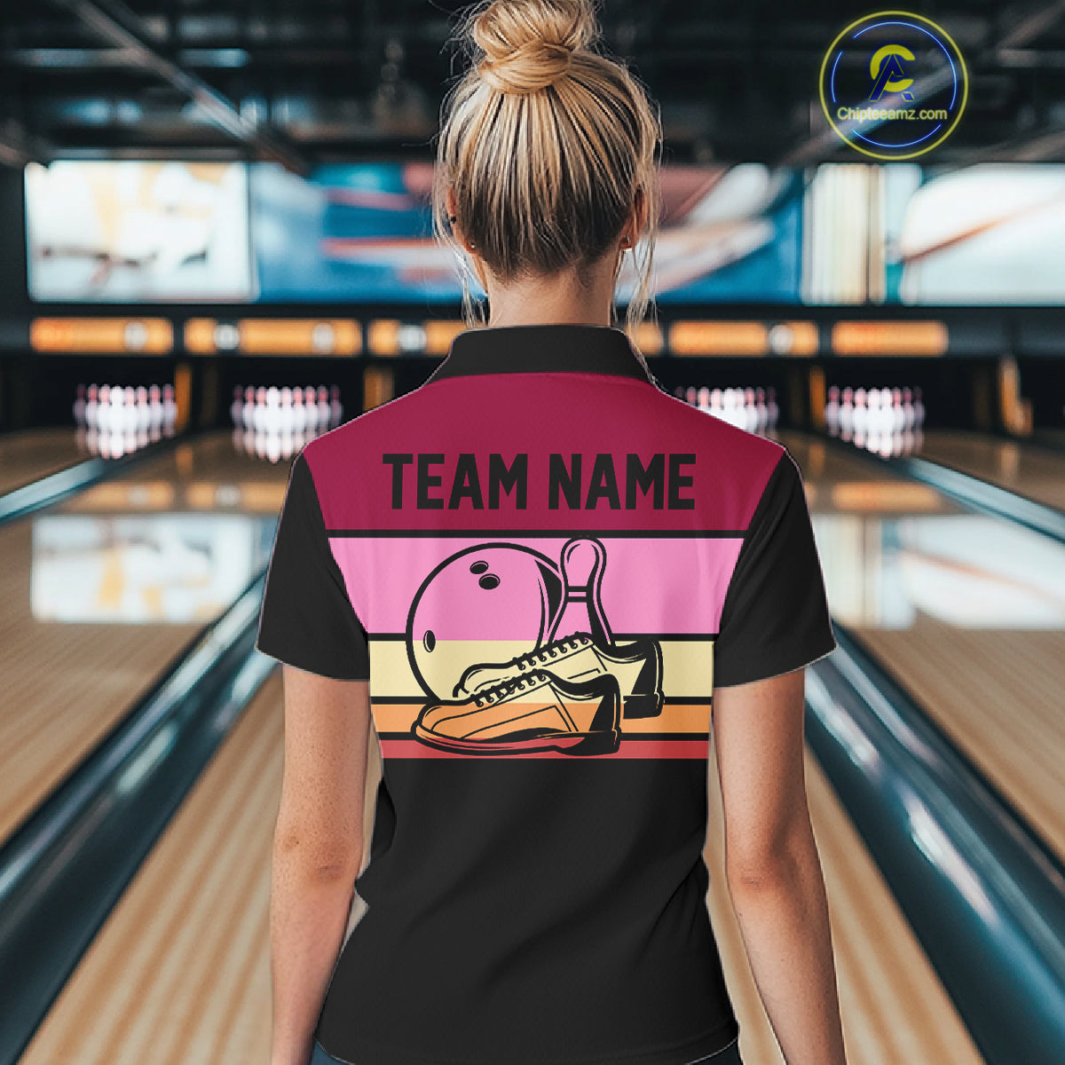 Black and Pink Retro Bowling Polo, Quarter Zip Shirts for Women Custom Team Bowling League Jerseys NQS10503