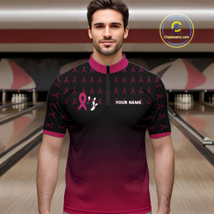 Black and Pink ribbon pattern Bowling shirts for Men Custom breast cancer bowling team jerseys NQS10158