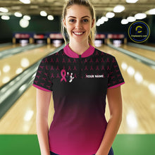 Load image into Gallery viewer, Black and Pink ribbon pattern Bowling shirts for Women Custom breast cancer bowling team jerseys NQS10158