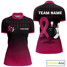 Load image into Gallery viewer, Black and Pink ribbon pattern Bowling shirts for Women Custom breast cancer bowling team jerseys NQS10158