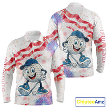 Load image into Gallery viewer, Funny Golf Ball Watercolor red, white and blue Mens golf polo shirts custom patriotic fun golf shirts NQS10293