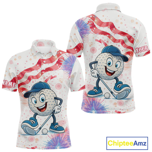 Funny Golf Ball Watercolor red, white and blue Mens golf polo shirts custom patriotic fun golf shirts NQS10293