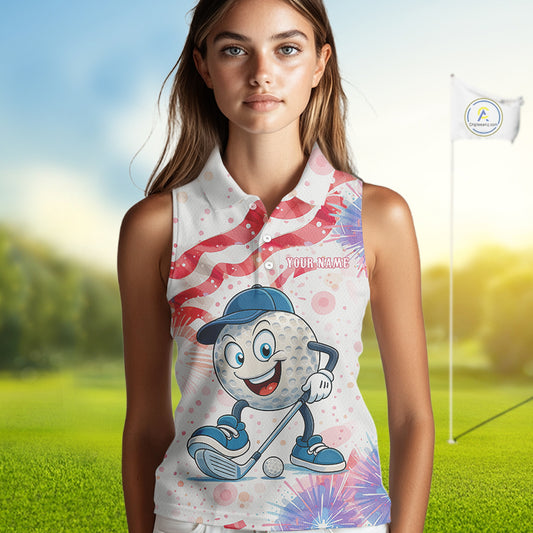 Funny Golf Ball Watercolor red, white and blue Sleeveless Polo Shirt custom patriotic fun golf shirts NQS10293
