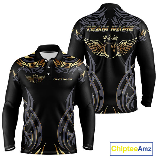 Personalized Black And Gold tribal pattern Bowling Shirts For Men, angel wings Bowling Team jerseys NQS10298