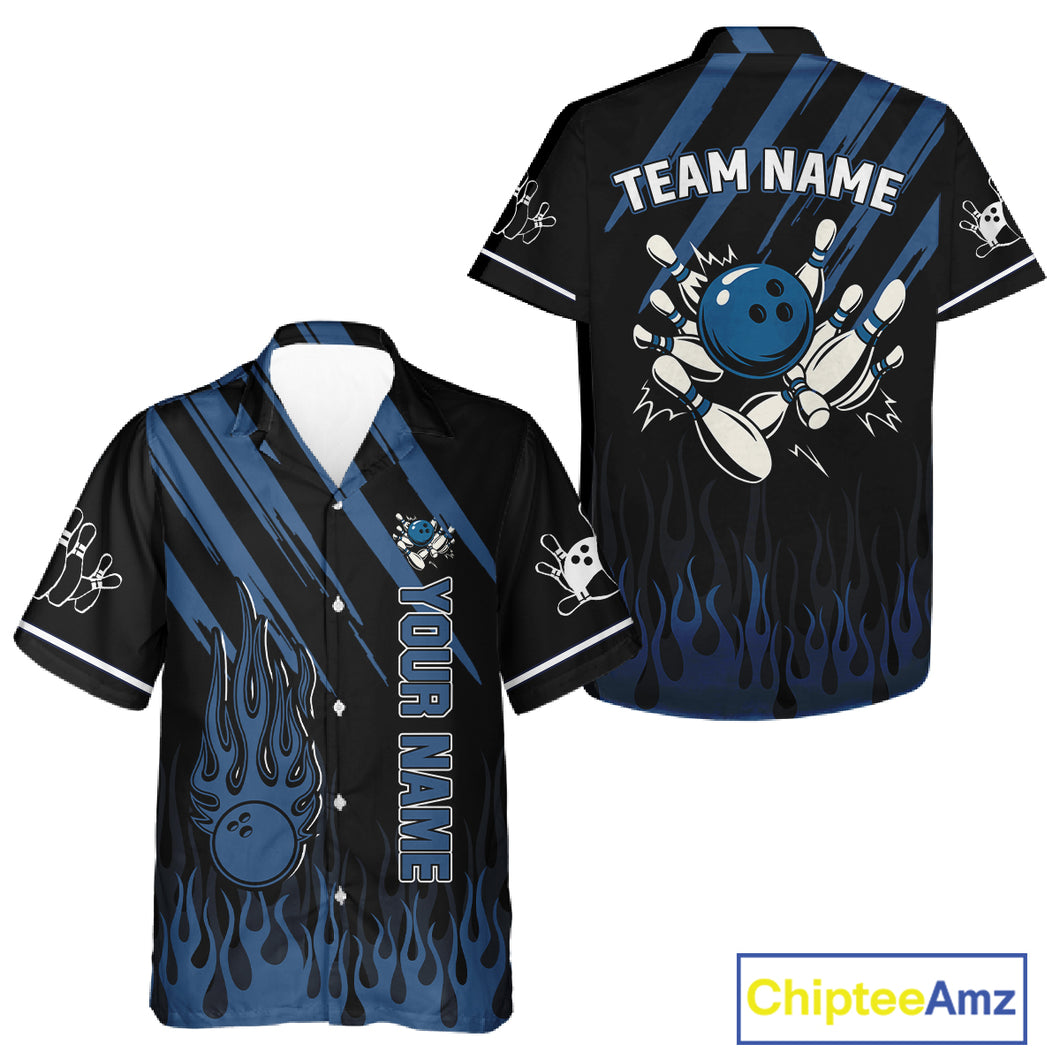 Black & Blue Flame Retro Bowling Hawaiian Shirt Custom Vintage Team Bowling Button Up shirt NQS10504