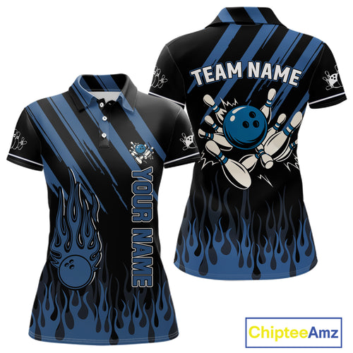 Black & Blue Flame Retro Bowling Polo, Quarter Zip Shirt for Women Custom Vintage Team Bowling Jersey NQS10504