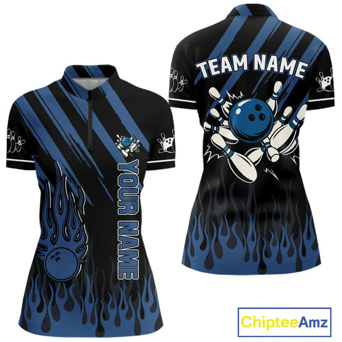 Black & Blue Flame Retro Bowling Polo, Quarter Zip Shirt for Women Custom Vintage Team Bowling Jersey NQS10504