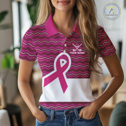 Pink ribbon Women polo golf shirts Custom Breast cancer awareness team golf attire for ladies NQS10509