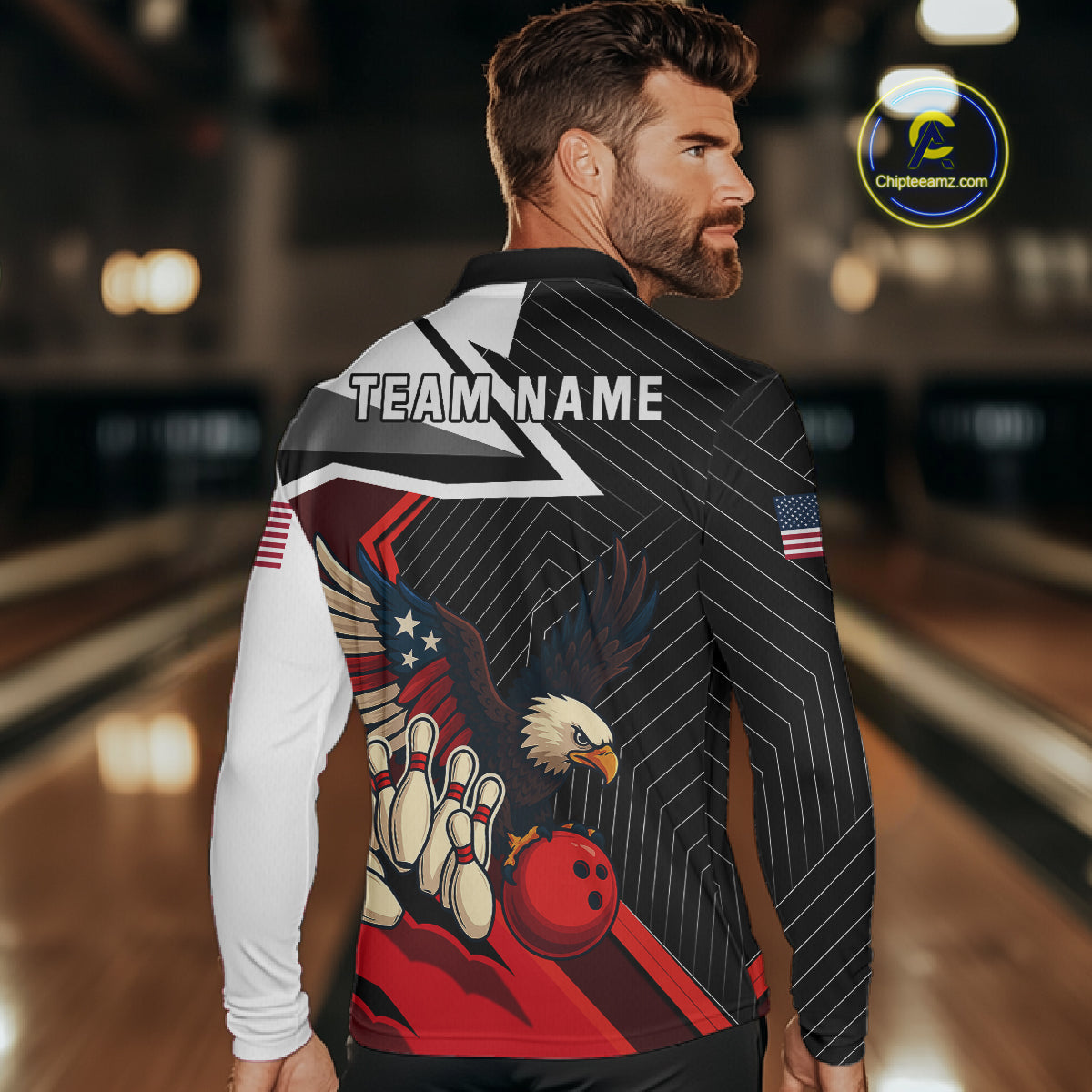 Black and Red American Flag Eagle Bowling Shirts for Men Custom patriotic Team Bowling League Jersey NQS10517