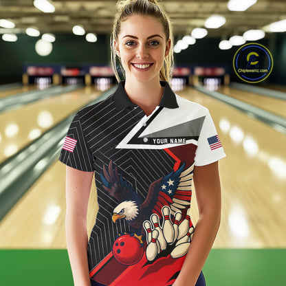 Black and Red American Flag Eagle Bowling Shirts for Women Custom patriotic Team Bowling Jersey NQS10517
