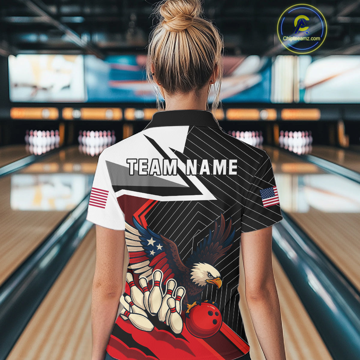 Black and Red American Flag Eagle Bowling Shirts for Women Custom patriotic Team Bowling Jersey NQS10517