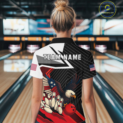 Black and Red American Flag Eagle Bowling Shirts for Women Custom patriotic Team Bowling Jersey NQS10517