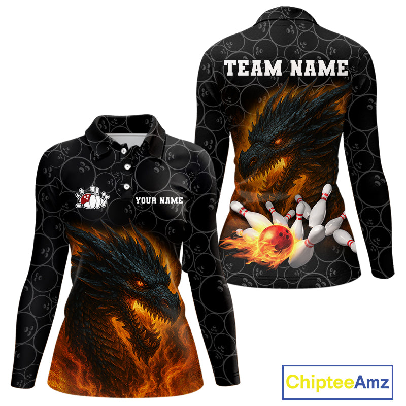 Custom Black Camo Flame Dragon Bowling Team Shirts For Women, Bowling Uniform gift for bowlers NQS10320