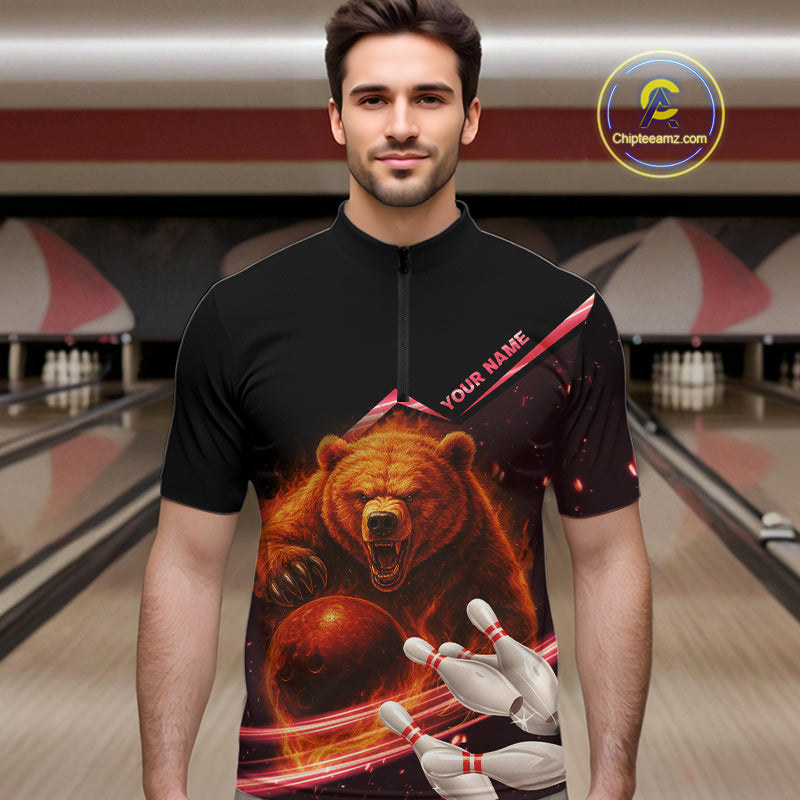 Custom Flame Bear Bowling Team Polo, Quarter zip Shirts For Men, Team Bowling Uniform NQS10321