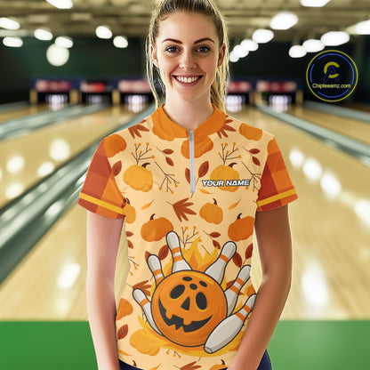 Funny Pumpkin Bowling Ball and pins Bowling Shirts for Women custom Halloween bowling team jerseys NQS10531