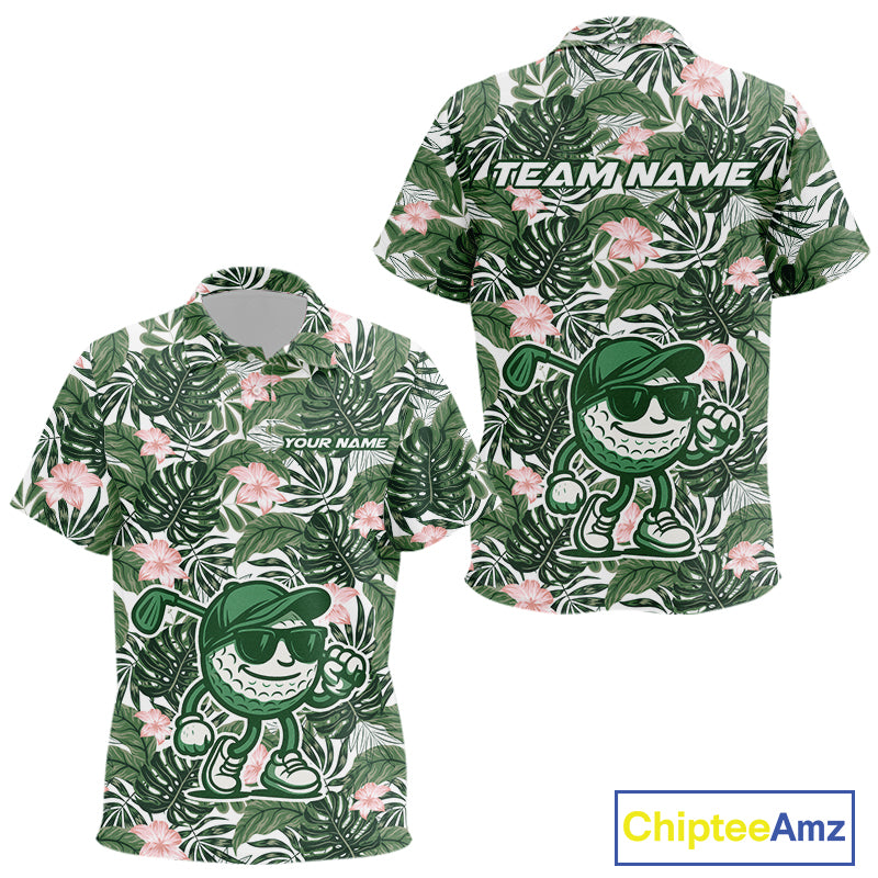 Green tropical leaf pattern pink flower funny Golf polo shirts for Kid Custom Kid golf outfits NQS10023