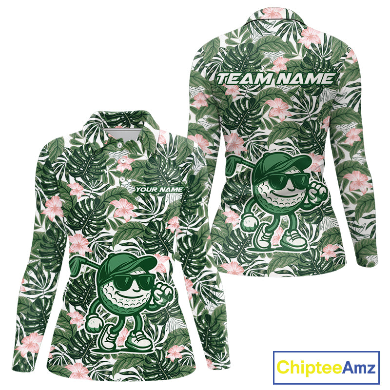 Green tropical leaf pattern pink flower funny Golf polo shirts for Women Custom ladies golf outfits NQS10023