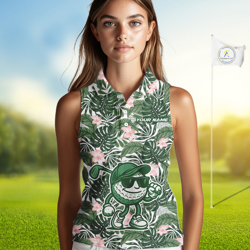 Green tropical leaf pattern pink flower funny Sleeveless Golf polo shirts Custom ladies golf outfits NQS10023