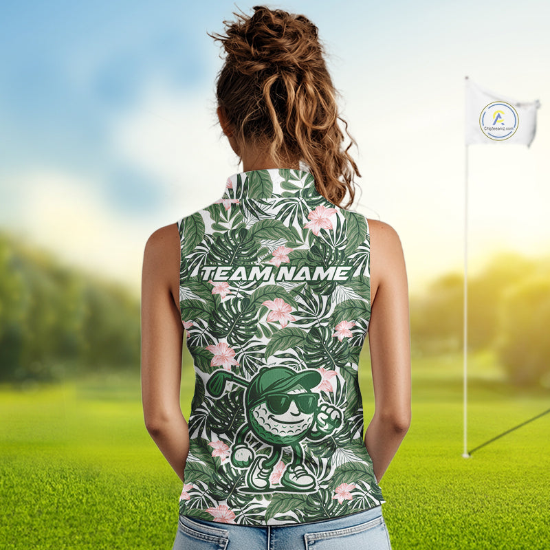 Green tropical leaf pattern pink flower funny Sleeveless Golf polo shirts Custom ladies golf outfits NQS10023