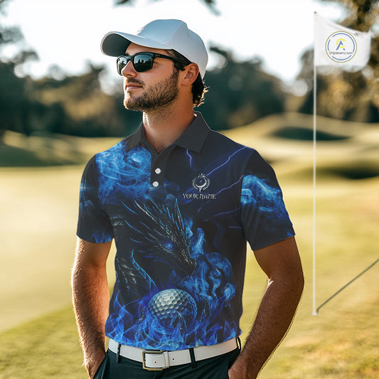 Blue Flame Dragon Golf polo shirts For Men Custom Dragon team mens golf outfits, gift for golf lover NQS10024