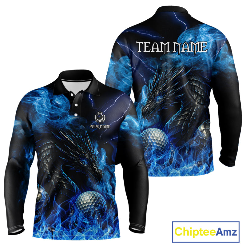 Blue Flame Dragon Golf polo shirts For Men Custom Dragon team mens golf outfits, gift for golf lover NQS10024