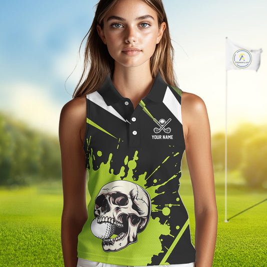 Black and Green Skull Sleeveless Golf polo shirts Custom team golf outfits ladies, cool golf gifts NQS10025