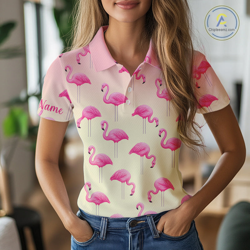 Personalized pink gradient Flamingo pattern Women golf polo shirt Custom golf team theme outfits NQS10324