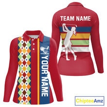 Load image into Gallery viewer, Retro colorful argyle pattern Women golf polo shirt custom Team Golf Outfits for ladies | Red NQS10327