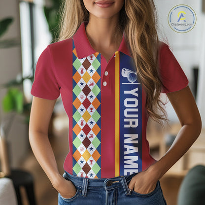 Retro colorful argyle pattern Women golf polo shirt custom Team Golf Outfits for ladies | Red NQS10327