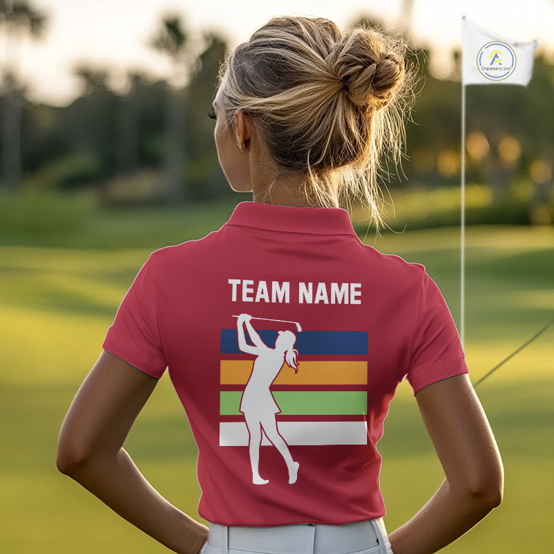 Retro colorful argyle pattern Women golf polo shirt custom Team Golf Outfits for ladies | Red NQS10327