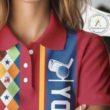 Load image into Gallery viewer, Retro colorful argyle pattern Women golf polo shirt custom Team Golf Outfits for ladies | Red NQS10327