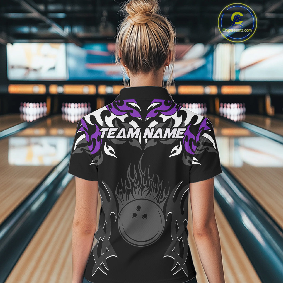 Black and Purple Flame Bowling Polo, 1/4 Zip shirt for Women Custom Team bowling jersey bowler gift NQS10535