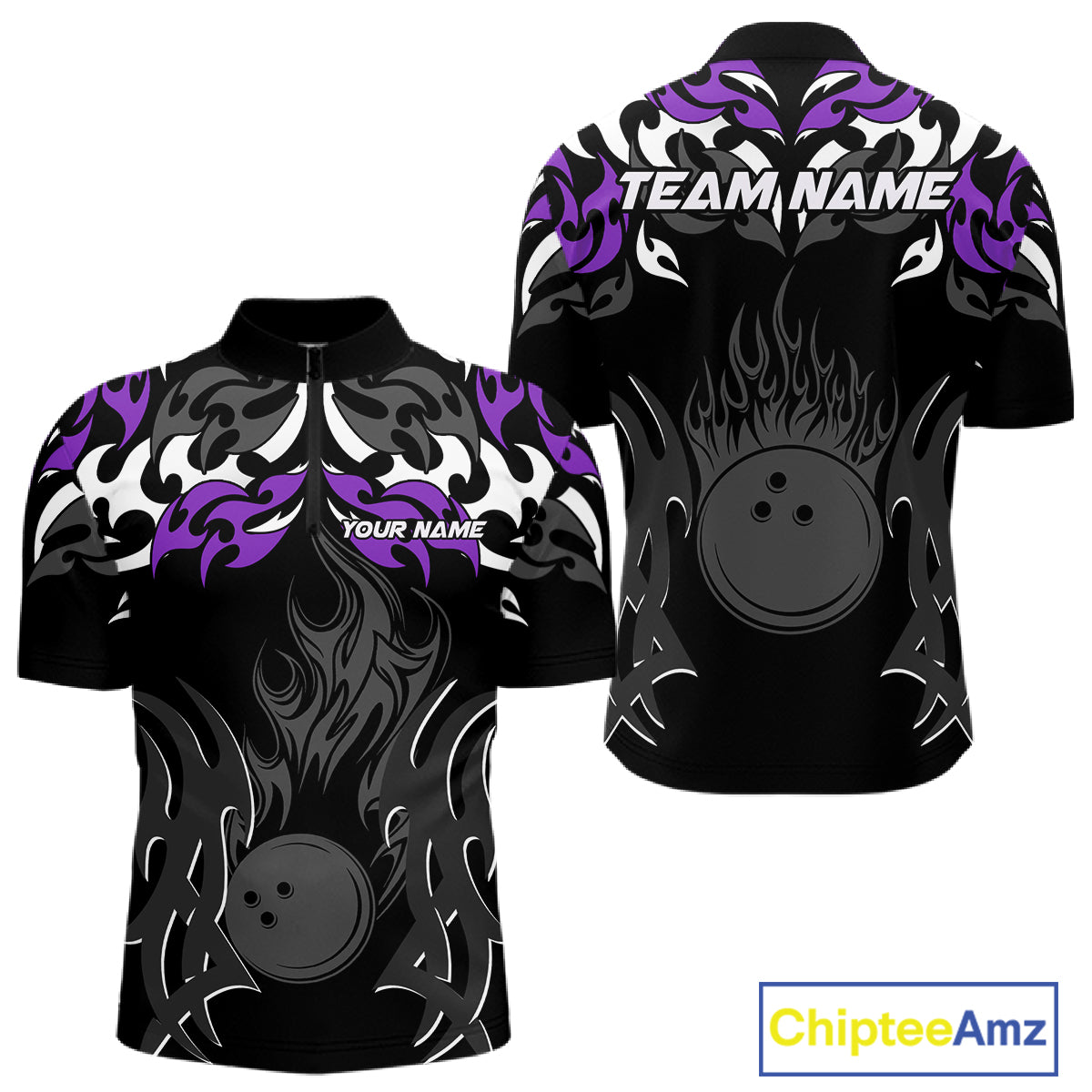 Black and Purple Flame Bowling Polo, Quarter Zip shirt for men Custom Team bowling jersey bowler gift NQS10535