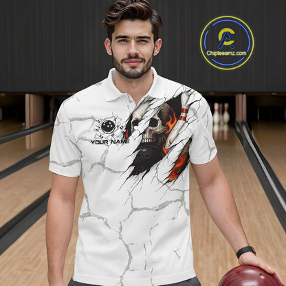 Personalized White Grunge Flame Skull Bowling shirts for men Custom Team Bowling League Shirts NQS10536