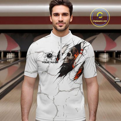 Personalized White Grunge Flame Skull Bowling shirts for men Custom Team Bowling League Shirts NQS10536