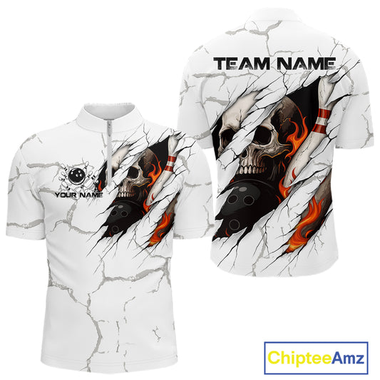 Personalized White Grunge Flame Skull Bowling shirts for men Custom Team Bowling League Shirts NQS10536