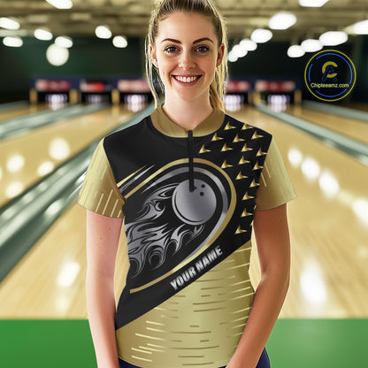 Black and Gold Flame Bowling ball Polo, Quarter Zip Shirts for Women Custom Bowling Team jerseys NQS10029
