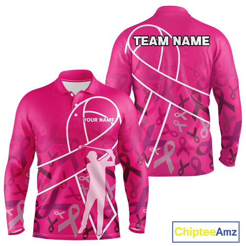 Pink ribbon pattern breast cancer awareness Men golf polo shirt Custom team Golf attire For men NQS10189