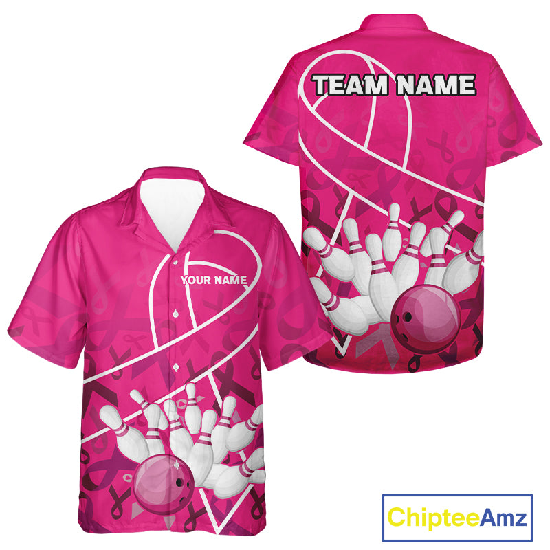 Pink ribbon pattern breast cancer awareness Bowling Hawaiian shirt Custom team bowling shirt NQS10190