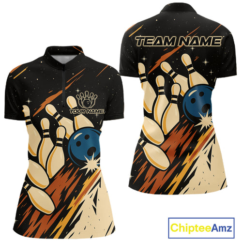 Retro Black galaxy Womens Bowling Polo, Quarter Zip shirts custom vintage bowling team league jerseys NQS10547