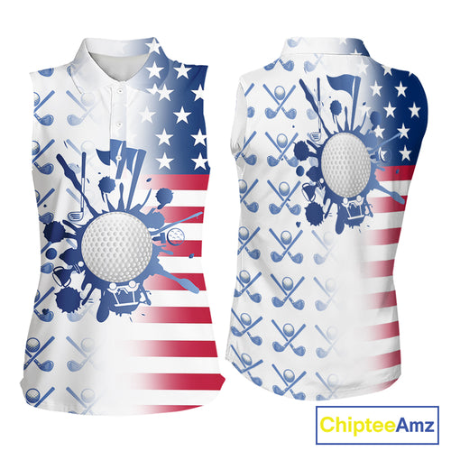 Red, White & Blue American Flag Women Sleeveless Golf polo shirts, patriotic Ladies Golf Outfit NQS10035