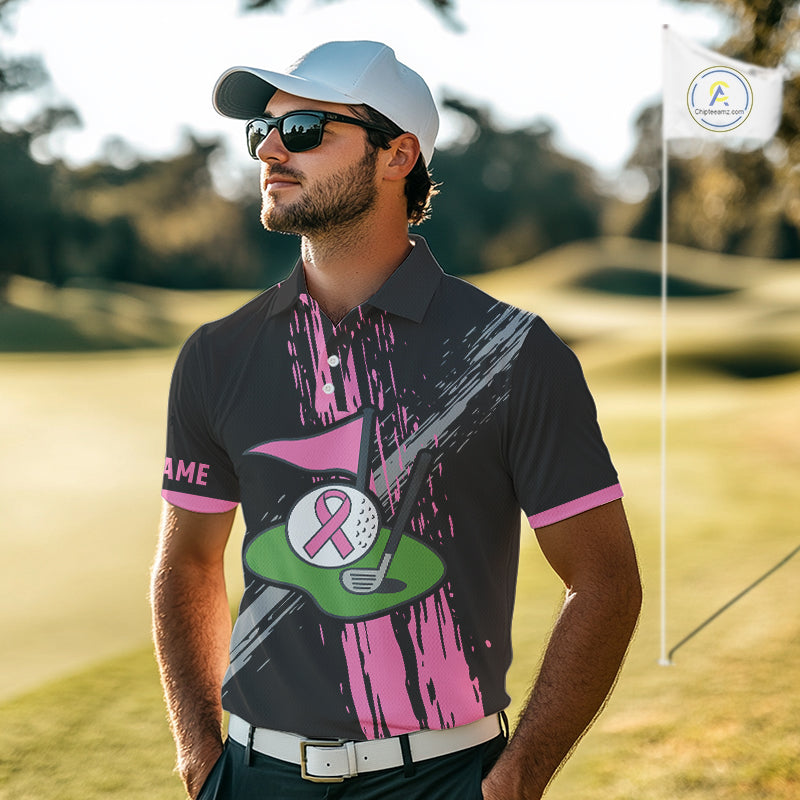 Black and pink ribbon Breast Cancer Awareness golf shirts custom Men golf polo shirts, best golf gift NQS10196
