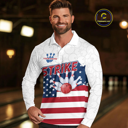 Personalized American Flag Strike Bowling Polo, 1/4 Zip Shirts For Men, Patriotic Bowling Team Jersey NQS10345