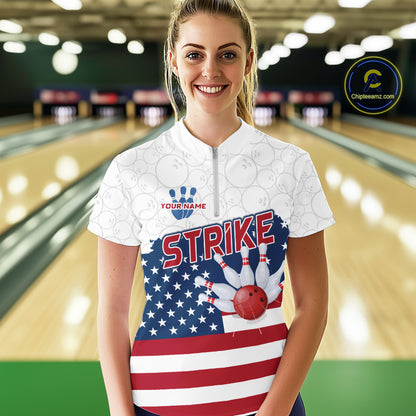 Personalized American Flag Strike Women Bowling Polo, 1/4 Zip Shirts, Patriotic Bowling Team Jersey NQS10345
