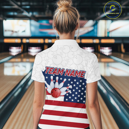 Personalized American Flag Strike Women Bowling Polo, 1/4 Zip Shirts, Patriotic Bowling Team Jersey NQS10345